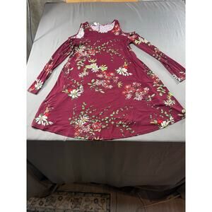 Floral Cold Shoulder Swing Dress Burgundy Long Sleeve Boho Tunic Dress XL